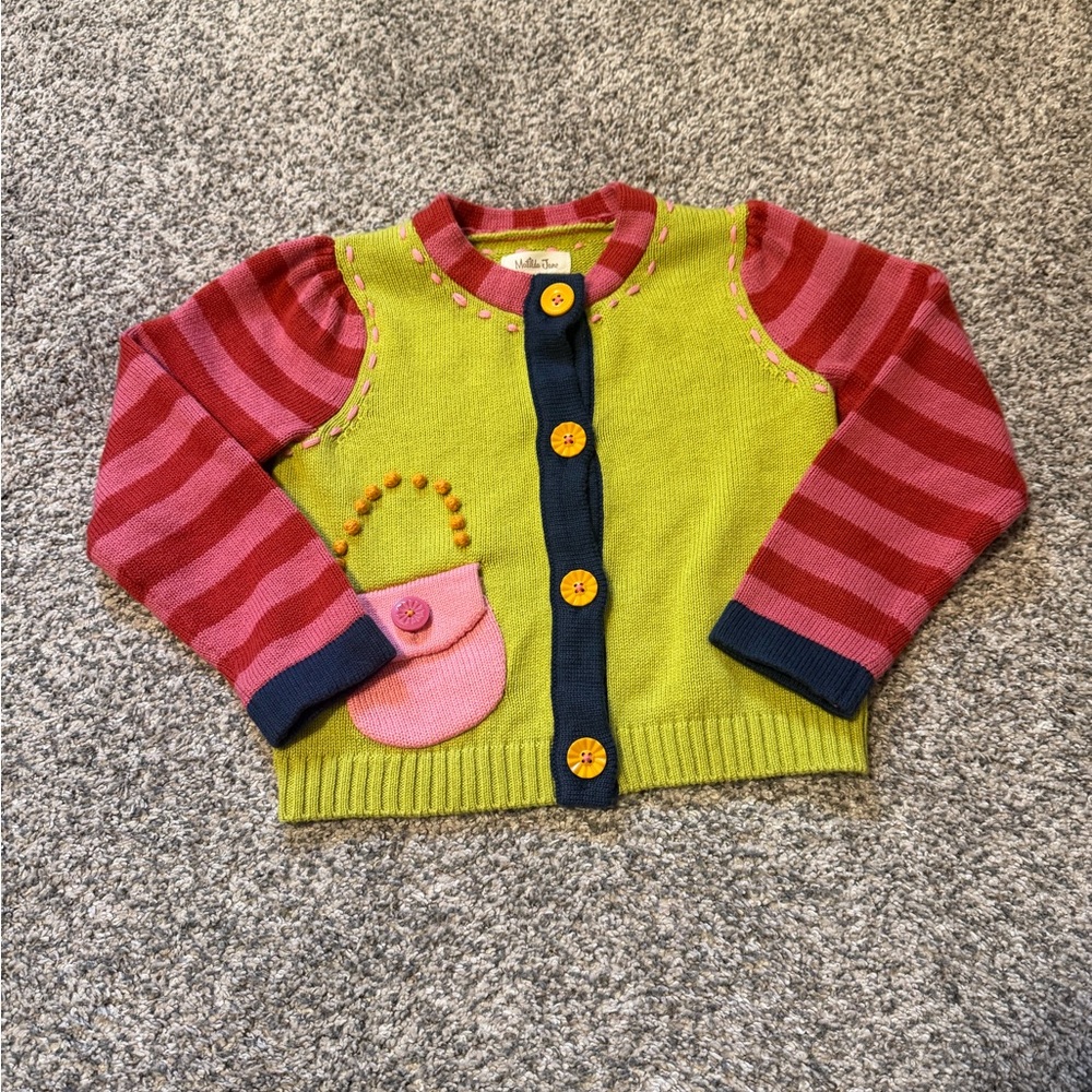 Mini Boden Green Cardigan with Red Striped Sleeves